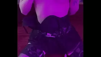 Step sister in ebony lace lingerie, cat mask and stockings jerks off a large dildo and puts it inside her - Arina Fox