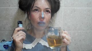 stepdaughter drinks beer and pisses
