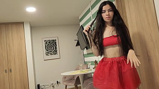 Ravishing woman in a red skirt and without underwear, wants to be drilled as a Christmas gift