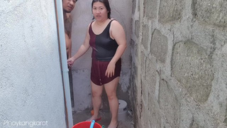 Filipina taking a bath outside the house got fuck