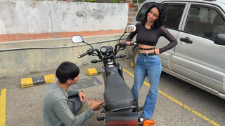 Hot unknown whore asks me for help with her motorcycle and I do some maintenance on her tight twat.