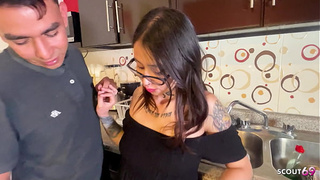 Nymphomaniac Crazy Inked Glasses Hispanic Step-Sister let Step-Brother sperm again in her Face after Cream-pie